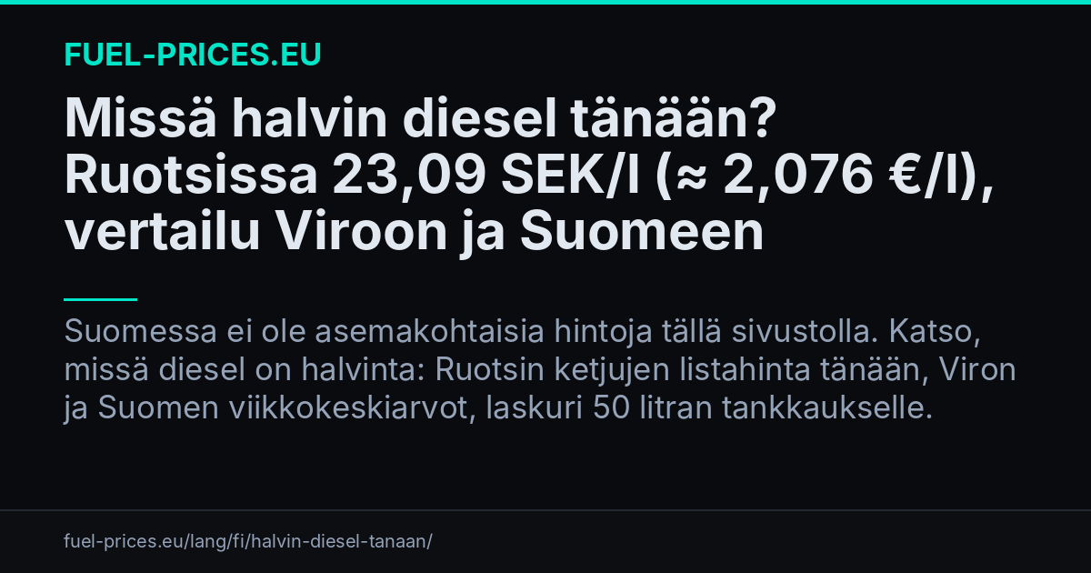 Missä halvin diesel tänään? Ruotsissa 22,69 SEK/l (≈ 2,043 €/l ...