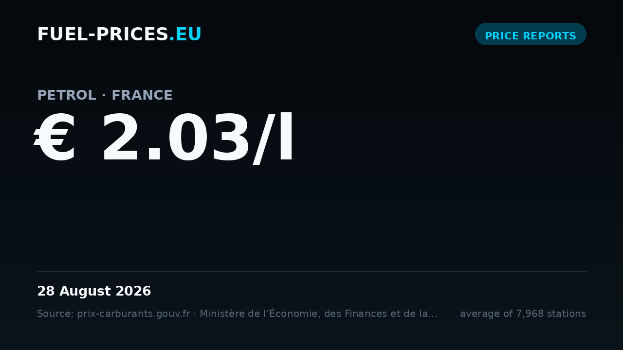 Card showing the national average price of petrol in France at € 2.03/l on 28 August 2026, the highest value in our daily series.
