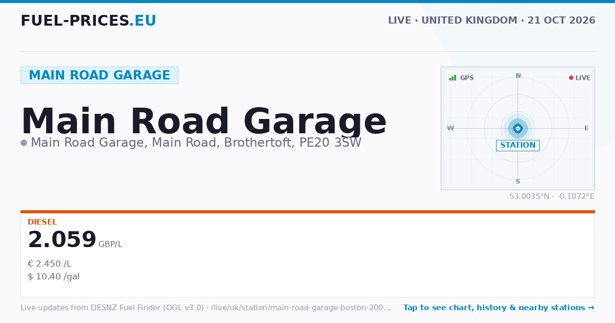 Main Road Garage - Boston · PE20 3SW Boston — Fuel Prices | fuel-prices.eu