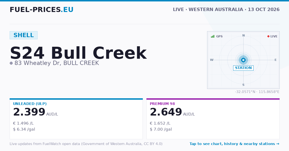 S24 Bull Creek · BULL CREEK — Fuel Prices · checked 2026-10-13 14:30 ...